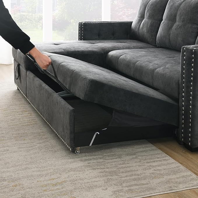 Morden Fort Pull Out Sofa Bed with Storage 91'' Oversized Sleeper Modular Sectional Comfy L-Shape Couch for Living Room Apartment Faux Leather Dark Grey
