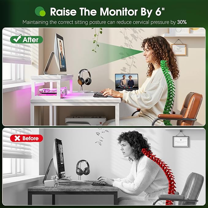 EnHomee L Shaped Gaming Desk with 3 Drawers &amp Power Outlet 40Inch White Computer Desk with LED Lights Reversible Office Desk with Monitor Stand for GamingStudy RoomHome OfficeBedroomWhite