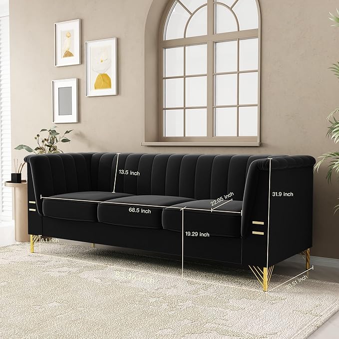 83.46 W Black Velvet Sofa Couch with Metal Gold Legs 3-Seater High Arm Upholstered Sofa for Living Room Bedroom Office (Black)