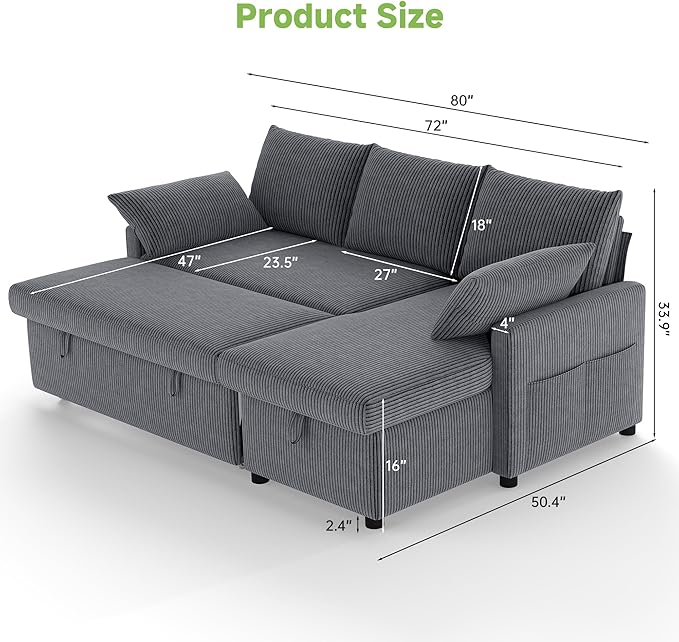 Real Relax 80'' Sofa Bed L Shaped Corduroy Sleeper Sofa Couch with Pull Out Bed and Chaise Storage for Living Room Apartment and Office Dark Gray