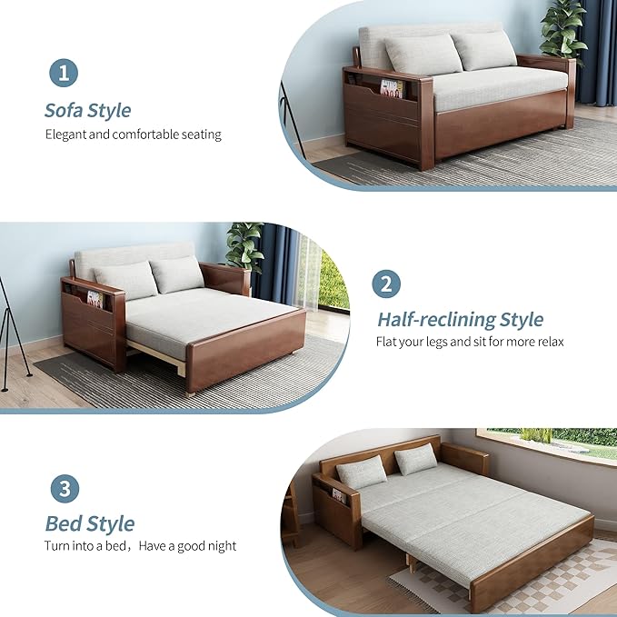 59 Convertible Sofa Sleeper with StorageGrey Cushion Sectional Sleeper Sofa with Reversible ChaiseSolid Wood Sofa Bed 3 in 1 Pull Out Couch Bed for Living RoomApartment (Walnut (Color))