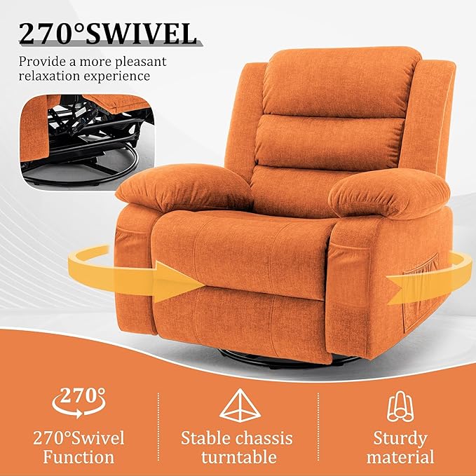 Power Recliner Chair Electric Rocker Recliner with Massage and Heat 270° Swivel Glider Oversized Wide Seat with USB Port Cashmere Nursery Chair for Living Room Orange