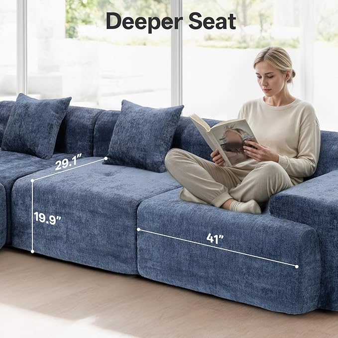 118 Cloud Sectional Couch for Living Room L-Shaped Modern Modular Sectional Sofa Boneless 4-Seater Lounge Couch with Deep Seat and Movable Ottoman No Assembly Blue