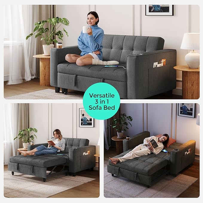LINSY Sleeper Sofa Bed 54 Pull Out Couch with Charging Station &amp Cup Holder Small 3 in 1 Convertible Loveseat Sleeper Couch for Apartment Dorm Room Bedroom and Small Space Corduroy Gray