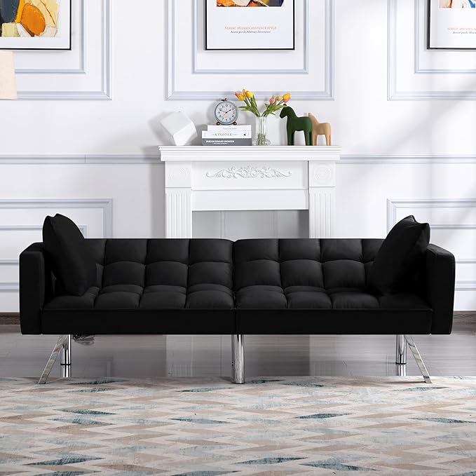 74 Multifuctional Futon Sofa Bed Modern Loveseat fConvertible Sleeper Couch with Adjustable Backrest and Pillows for Living Room (Black