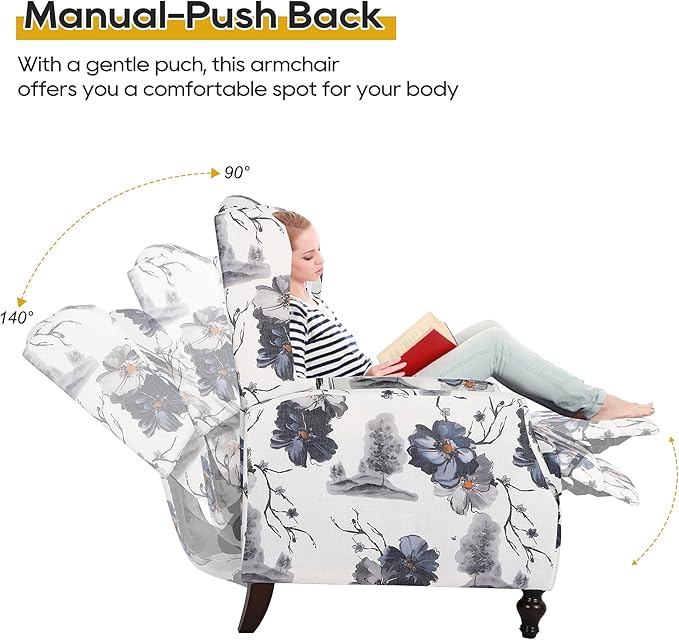 Set of 2 Wingback Recliner Chairs Mid-Century Modern Push-Back Manual Recliners for Adults Upholstered Floral Accent Chairs with Solid Wood Legs for Living Room &amp Bedroom Blue