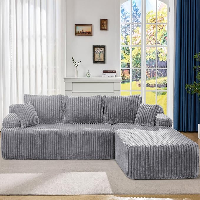 Modular Sectional Sofa Couches L-Shape Couch 3 Seat Modular Sofa Memory Foam Sectional Couches for Living Room Cloud Couch with Oversized Chaise (Light Grey Stripe 108 Right Facing Chaise)