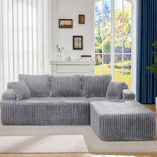Modular Sectional Sofa Couches L-Shape Couch 3 Seat Modular Sofa Memory Foam Sectional Couches for Living Room Cloud Couch with Oversized Chaise (Light Grey Stripe 108 Right Facing Chaise)