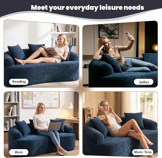 65 Curved LoveseatDeep Seat Cloud Floor Couch with 3 BackrestCozy Chenille FabricSmall Loveseat for Small SpacesBedroomOfficeApartment (Blue 65 Inch)
