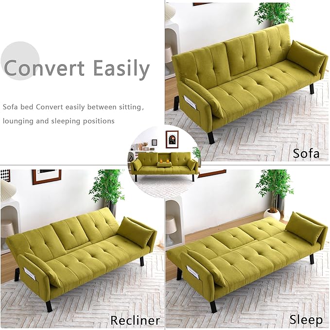 70 Futon Sofa with CupholdersAdjustable Backrest Cotton Linen with Cup Holders and 2 Throw Pillows Sleeper Sofa for Living Room Apartment Small Space (Grass Green)
