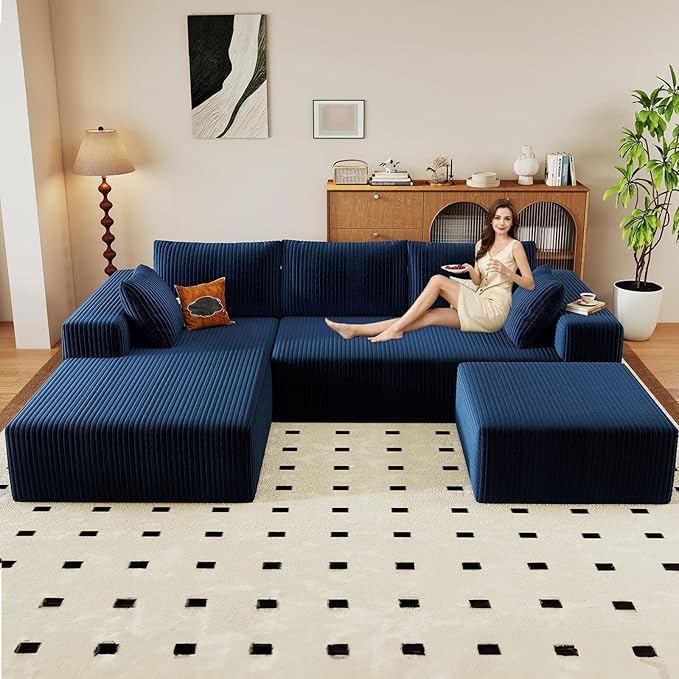 96 U-Shape Cloud Couch Modern Modular Sectional L-Shape Sofa with Ottoman Corduroy Upholstered Couches Deep Seat Sleeper Chaise Longue for Living Room No Assembly Required(Blue Left Facing)