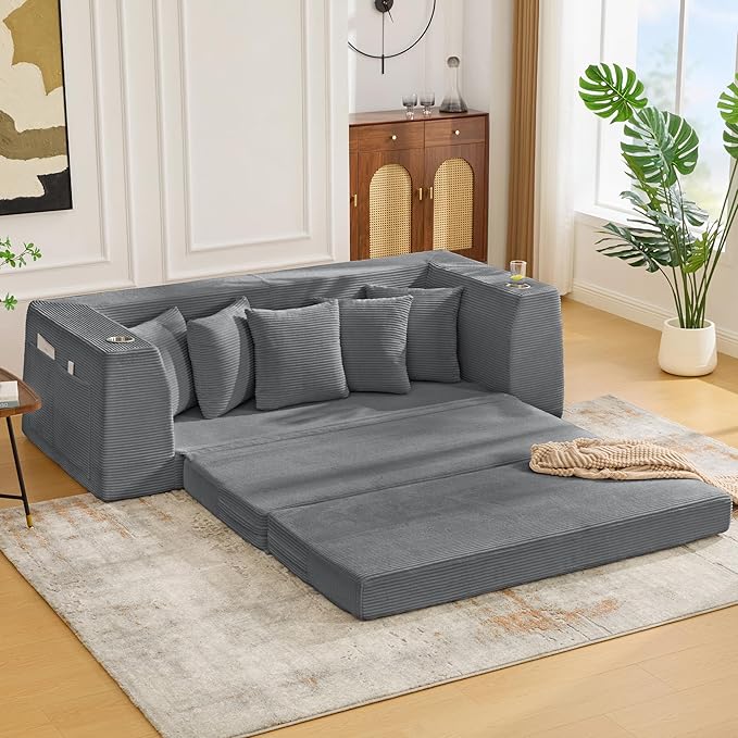 82'' Convertible Sofa Bed 2-in-1 Boneless Sleeper Sofa with Cup Holder &amp Pocket Corduroy Loveseat Sleeper Couch with 5 Pillows Pull Out Couch for Living Room Bedroom (Dark Grey)