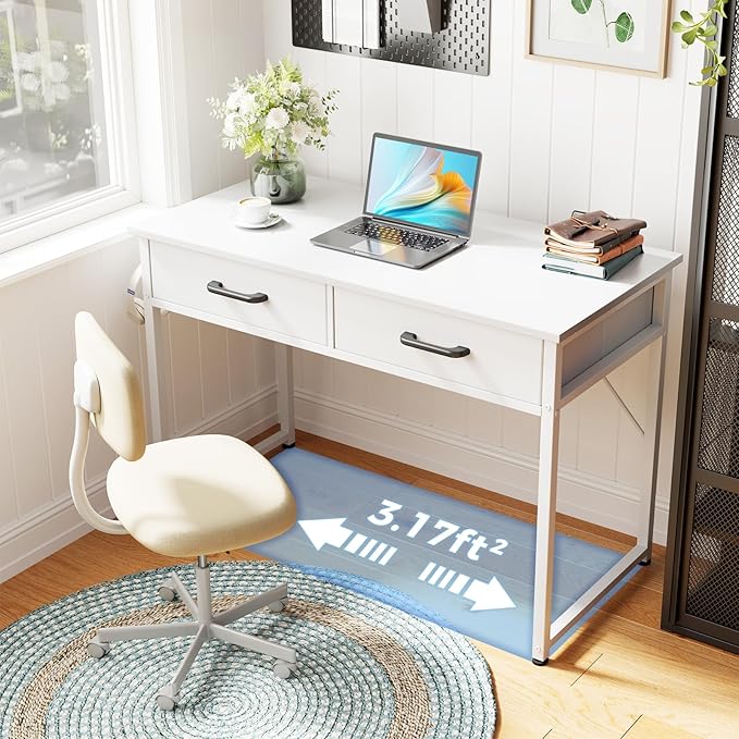 Casaottima 40 Inch Small Office Computer Desk with 2 Drawers &amp Headphone Hook - Compact Writing Desk for Home Office Study or Work Modern Space-Saving Design for Small Spaces White