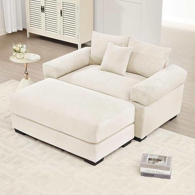 54.3 Oversized Cloud Accent Chair with Ottoman Modern Plush Corduroy Upholstered Extra-Thick Armrests &amp Overstuffed Cushion &amp 3 Pillows Comfy Chaise Lounge for Living Room Bedroom Apartment