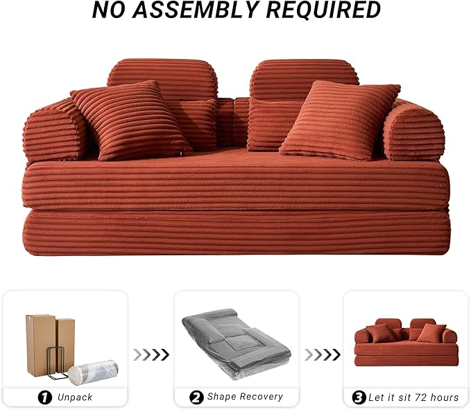79 Boneless Couch with High Backrest Headrest Comfy Modular Foldable Floor Sleeper Sofa 5-in-1 Convertible Sofa Bed for Living Room Bedroom Lounge Studio Orange