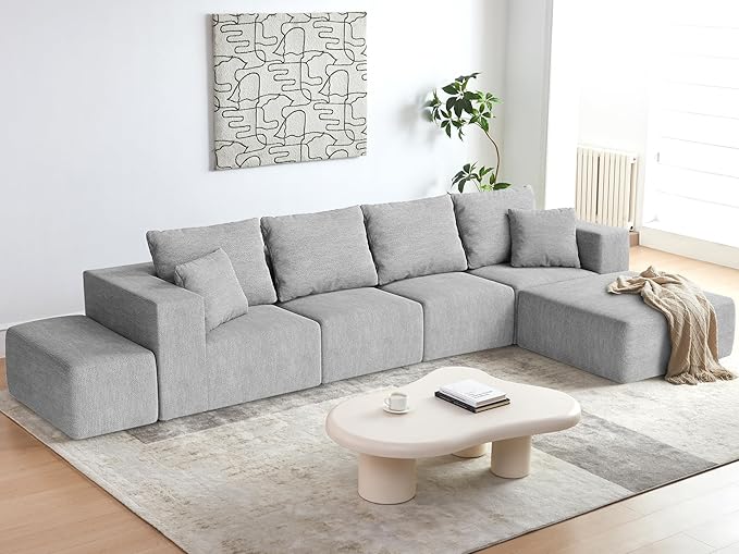 152'' Cloud Couch Sectional Deep Seat Upholstered Sofa Chenille Grey Modular Sectional Couches for Living Room Memory Foam with 6 Pillows No Assembly Required
