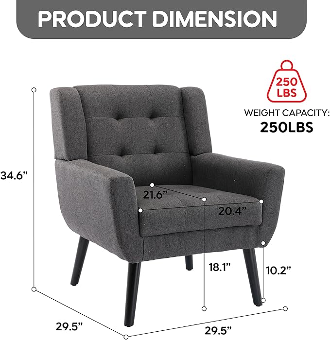 Linen Accent Chair Mid-Century Modern Tufted Armchair for Living Room Bedroom &amp Office (Drak Gray)