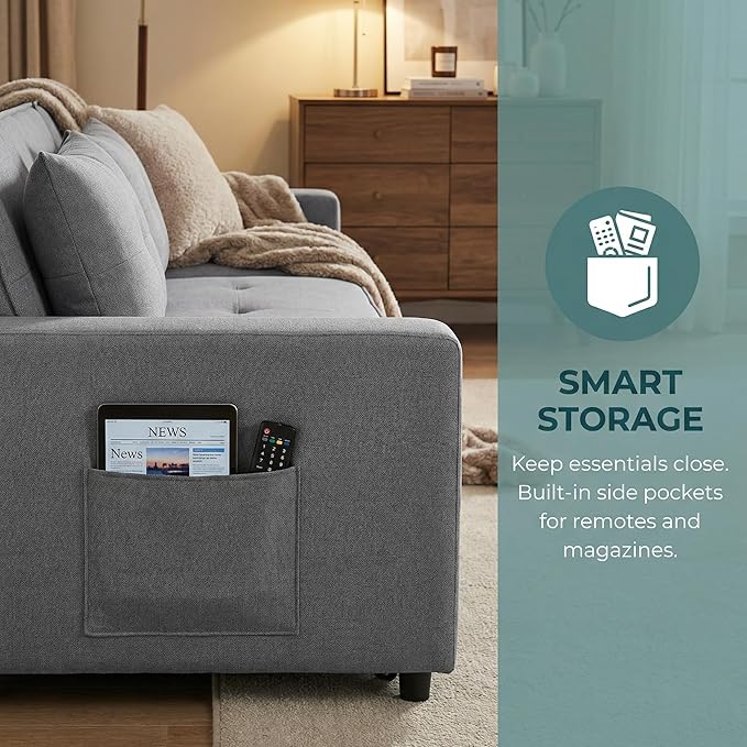 83 Inch Convertible Sofa Bed with Side Pocket Modular Sectional Couch with Pull Out Bed L Shaped 2 Seat Sectional Sleeper Sofa for Living Room Apartment Black