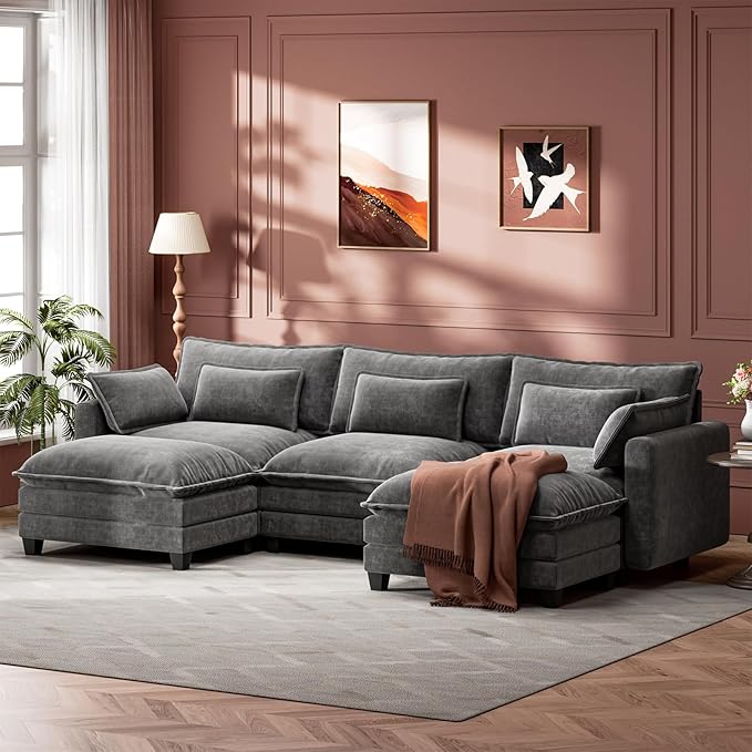 Marsail Modular Sectional Sofa 110.6 U-Shaped Modern Comfy Cloud Couch 5-Seat Chenille Deep Seat Sofa with Throw Pillow &amp Movable Ottoman for Living Room Bedroom and Apartment Grey