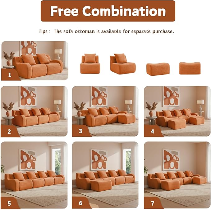 83 Modular Boneless Sectional Sofa Boneless Couch for Living Room and Apartments 32D High Density Sponge No Assembly Required (2S) Orange