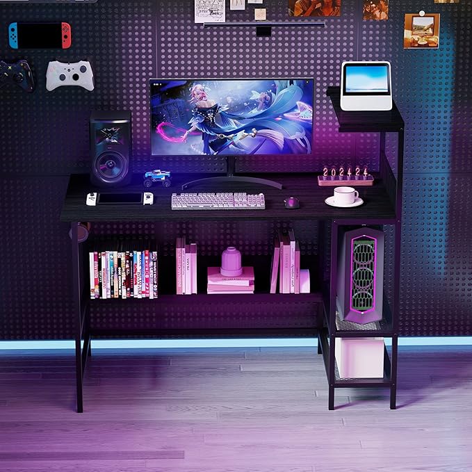 Giantex 48 Computer Desk with Charging Station Reversible Writing Desk with Storage Shelves &amp Headphone Hook Small Gaming Desk Industrial Computer Workstation for Home Office (Black)