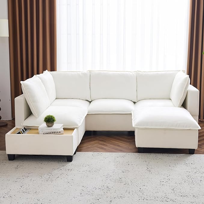 Harper &amp Bright Designs 90 U-Shaped Sectional Sofa Modular Sofa Couch with a Movable Ottoman a Coffee Table with Hidden Charging Devices for Living Room White