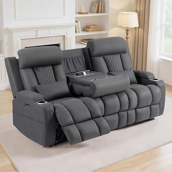 Wall Hugger Power Reclining Sofa with Manual Adjustable Headrests Electric Recliner Couch with Drop-Down Table Power Recliner Sofa 3-Seater with Charging Ports for Living Room (Grey)