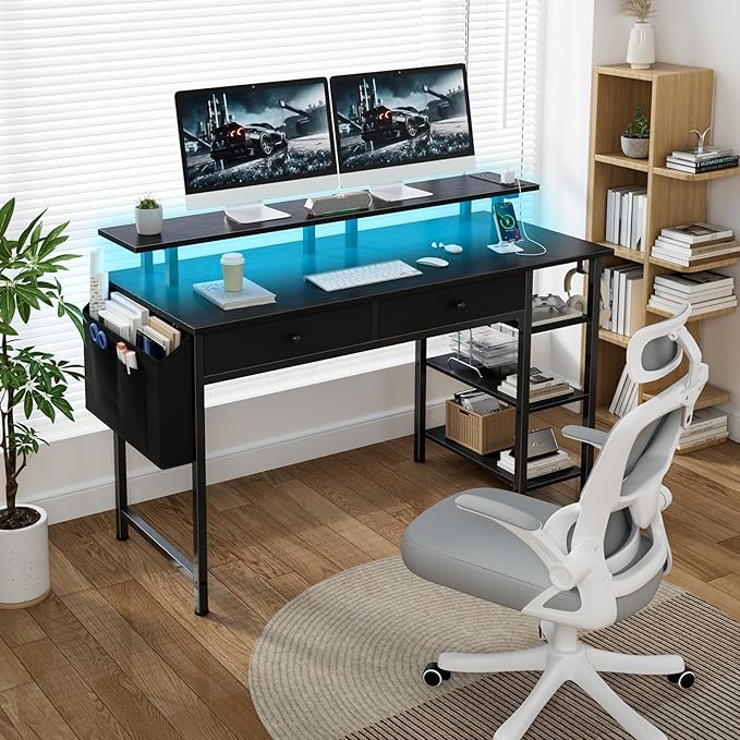 DLisiting Black Gaming Desk with Shelves and Drawers - 39 Inch Small Gaming Desk with Storage Shelves for Boys Teens Bedroom Black Computer Desks with Drawers Monitor Stand Power Outlet