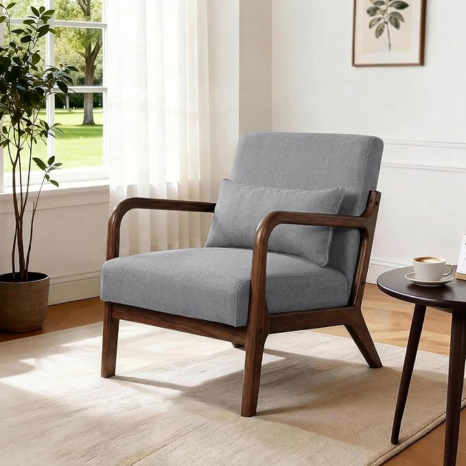 Mid Century Accent Chair Comfy Arm Chair with Solid Wood Frame Upholstered Modern Chair for Living Room Bedroom Waiting Room Dark Grey