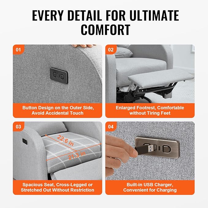 Happybuy Electronic Power Recliner and Swivel Glider 250 lbs Weight Capacity Swivel Glider Recliner Chair with USB Port Polyester Surface Ideal for Living Room Bedroom Light Gray