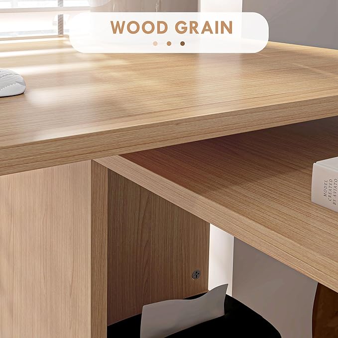 L Shaped Corner Desk 360 Degree Rotating Home Office Desk with Storage Shelves Writing Table Workstation Maple