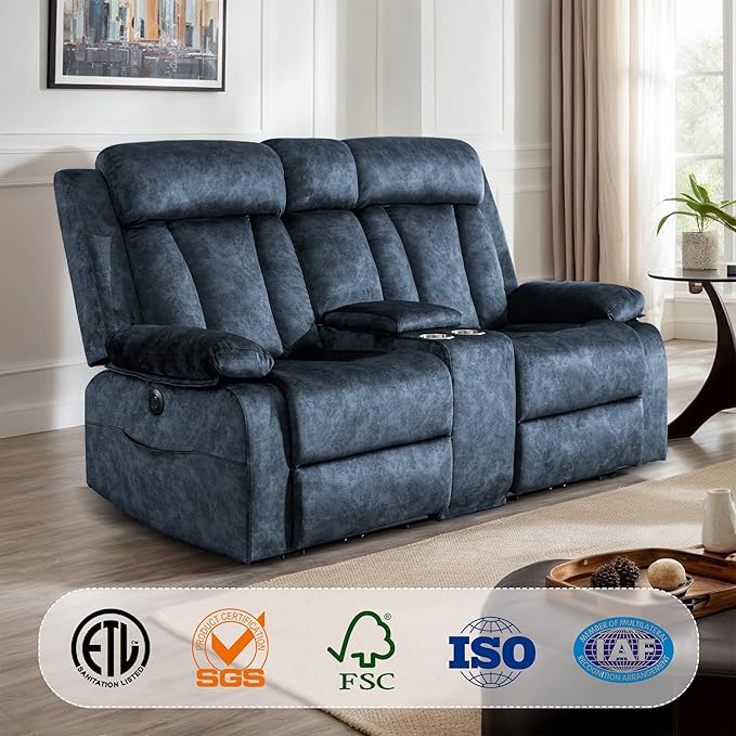 Power Reclining Loveseat with Heat &amp Massage Dual Recliner Sofa with Console Cup Holders USB &amp Type-C Ports 2 Seater Electric Reclining Couch for Living Room RV (Blue 2 Seat)