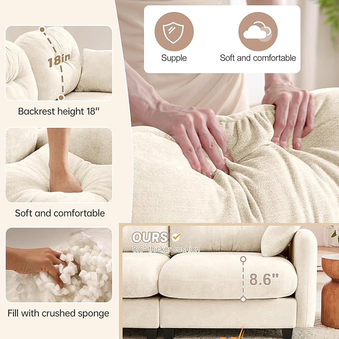 74 Modular Sectional Sofa Cloud Couch Modern Loveseat Sofa Deep Seat Sectional Couches for Living Room Comfy Chenille Couch for Small Spaces Oversized Modular Couches for BedroomBeige