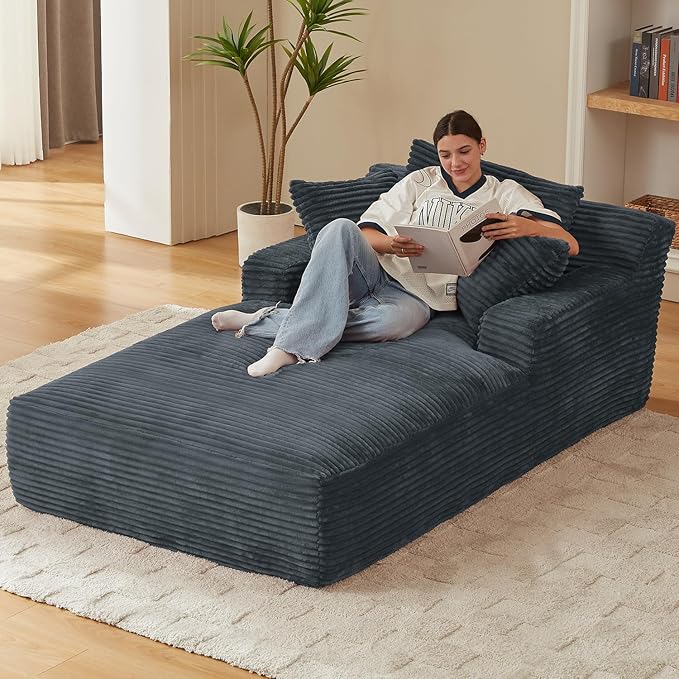 Avenix 79” Oversized Chaise Lounge Chairs Indoor Corduroy Boneless Chaise Lounges Chairs Indoor Deep Seat Big Comfy Reading Chair Cloud Sleeper Chair Sofa Couch Bed for Living Room Grey