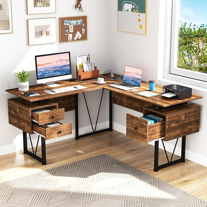 Tangkula 59 L-Shaped Office Desk with 3 Drawers &amp Charging Station Corner Computer Desk with Sturdy Metal Frame Industrial Home Office Computer Workstation for Working Studying (Rustic Brown)
