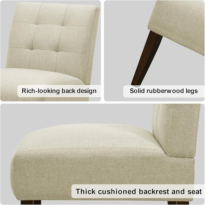 Slipper Accent Chair Modern Armless Lounge Chair with Wood Legs Upholstered Makeup Vanity Tufted Side Chair Fabric Comfy with Decor Back for Living Room Bedroom Patio (Pin Back Beige)