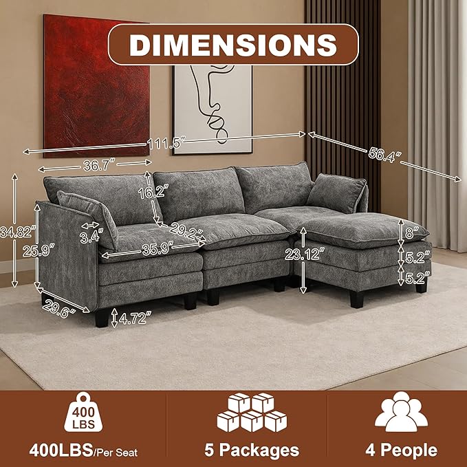111” Modular Sectional Sofa L Shaped Cloud Couch with Ottoman Chenille Deep Seat Sofa with Pillow for Living Room Bedroom and Apartment4 Seats Light Grey