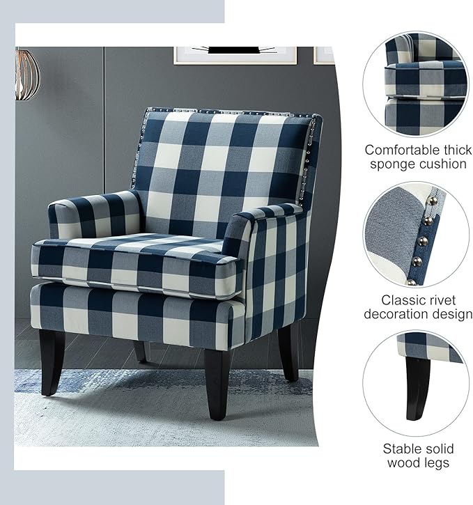 HULALA HOME Modern Accent Chairs Set of 2 Farmhouse High Back Buffalo Plaid Chairs with Wooden Legs &amp Nail Head Trim Comfy Upholstered Armchairs for Living Room/Bedroom (Buffalo Navy)