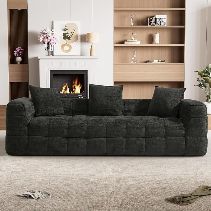 89.8 Chenille Cloud Sofa Couch with 3 Soft PillowsComfy Upholstered Chenille 3 Seater LoveSeat SofaModern Deep Seat Sherpa Cloud Couch Oversized Love Seat for Living RoomBlack Grey