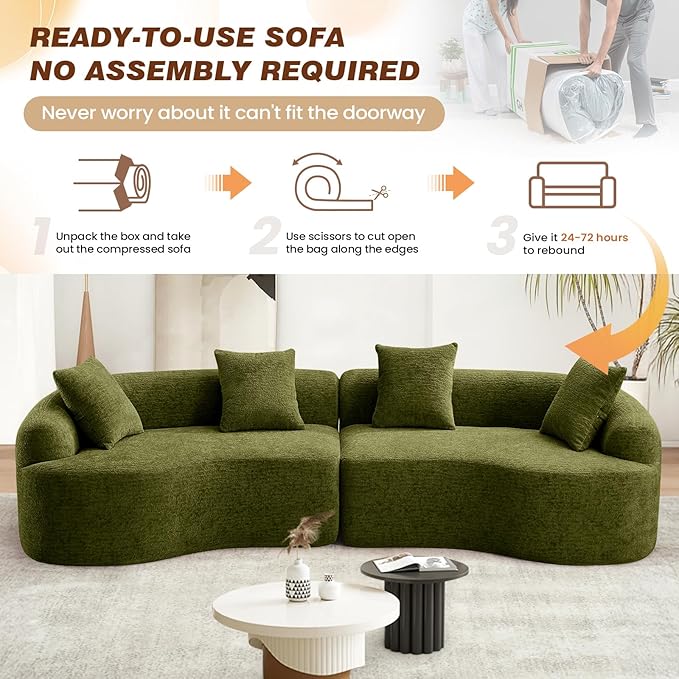 110 Curved Sectional Sofa for Living Room Modern Oversized Plush Chenille Cloud Round Deep Seat Compressed Boneless Couch with 4 Throw Pillows for Apartment No Assembly Needed Green