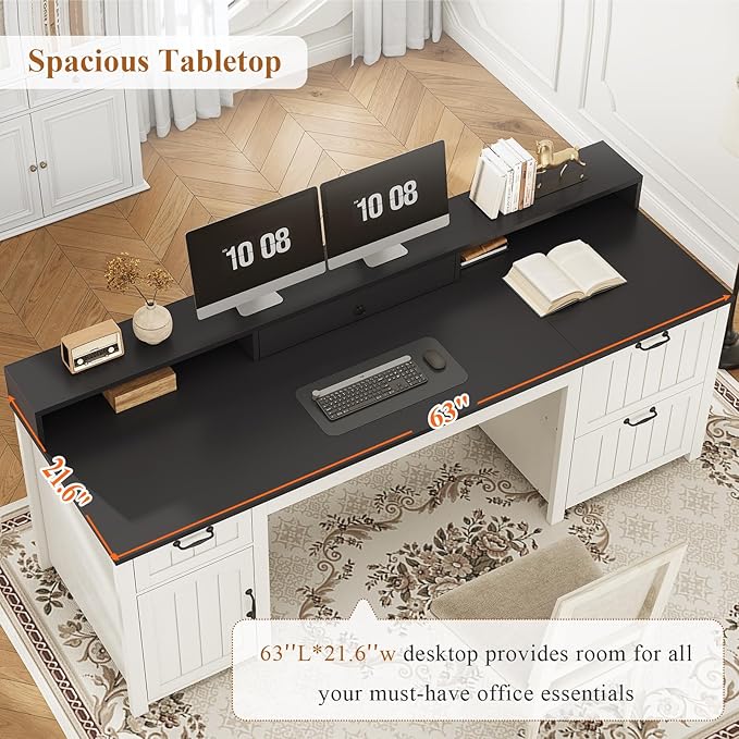 SEDETA Farmhouse 63 Executive Desk Home Office Desk with File Drawer and Monitor Stand Computer Desk with Drawers and Storage Cabinet Wood Desk for Work Study Writing White