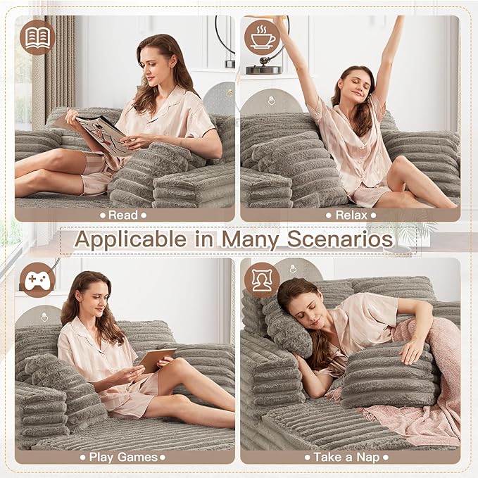 56 Oversized Chaise Lounge Chair IndoorPlush Faux Fur Sleeper Sofa Couch Bed with Pillows&ampWide ArmrestsFluffy Comfy Cloud CouchCompression Foam Couch for Living RoomBedroom(Brown)