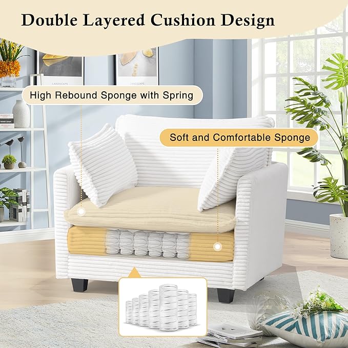 Polar Aurora Oversized Modular Sectional Sofa Chair Deep Seat Armchair Upholstered Couch 2 Armrest Pillows Single Sofa Modern Corduroy Sofa for Living Room Bedroom Apartment Office