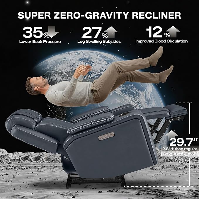 Watson &amp Whitely Super Zero Gravity Recliner Chair Oversized Genuine Leather Electric Recliner W Power Adjustable Headrest &amp Lumbar Support Hidden Storage for Living Room Navy Blue