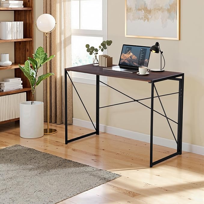 FurnitureR 39.4 Minimalist Laptop Desk Simple Computer Writing Desk with Sturdy Metal Frame Modern Foldable Workstation for Home Office Study or Small Spaces Walnut
