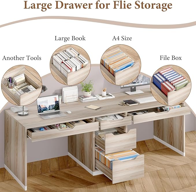 Two Person Desk with 5 Drawers Double Desk with Storage for 2 People 78 Inch Extra Long Computer Desk Workstation with File Drawer for Home Office White and Walnut