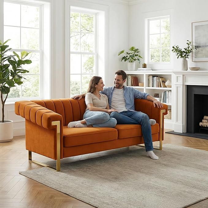 Luxury Velvet 3-Seater Sofa Mid-Century Modern Couch with Gold Metal Legs Waterfall Stitched Back Removable Cushions for Living Room Durable &amp Comfortable (Orange)
