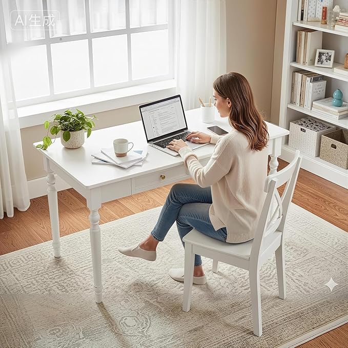 Farmhouse French Country Writing Desk with Drawers – Solid Wood Computer Desk for Home Office Bedroom &amp Study Workspace Compact Rustic Wood Table (Ivory White 31 * 30 * 24in)
