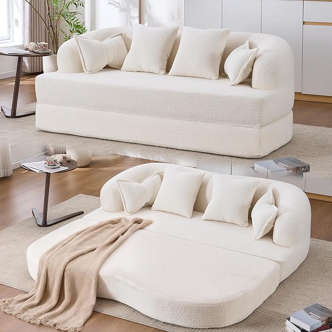 70Convertible Folding Sofa Bed 2-in-1 Boneless Loveseat Couch Wood-grain Soft Chenille with 4 Pillows Sleeper Sofa Love Seat Small Couch for Small Spaces Living Room Bedroom No Assembly