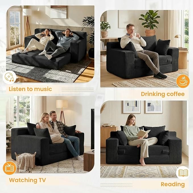 55 Small Boneless Couch 3-in-1 Boneless Loveseat Sleeper Sofa Bed Convertible Sofa Bed with 4 Pillows Black Corduroy Boneless Couch for Living Room Guest Room Small Space No Assembly Required
